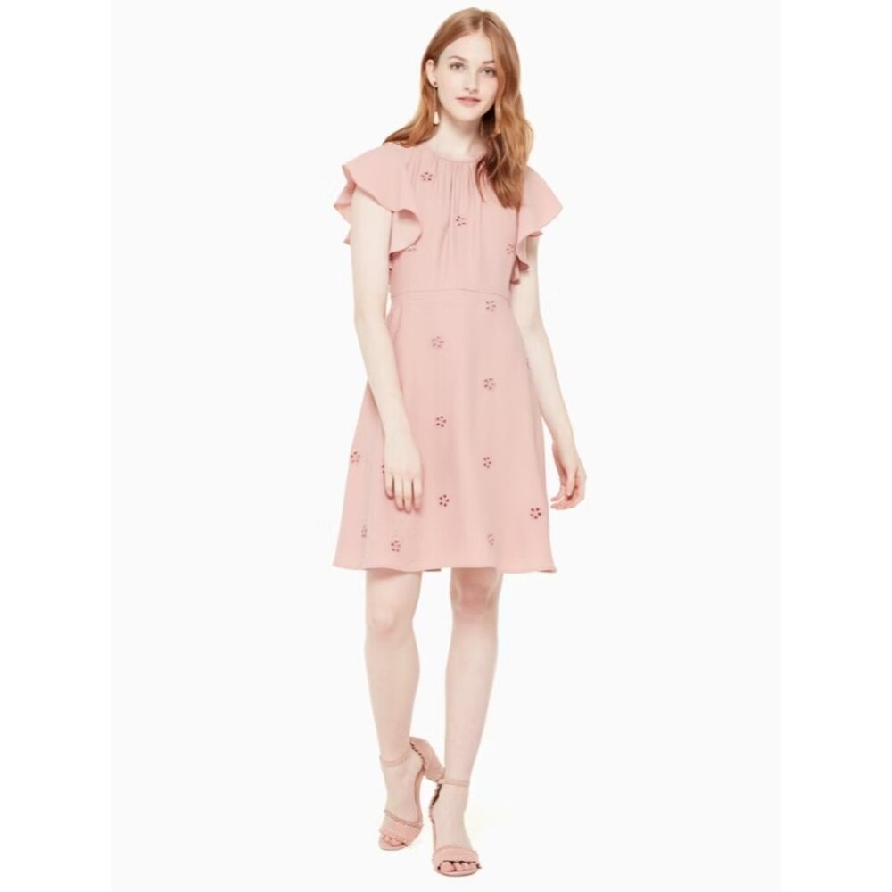 Kate Spade Dress Cutout Crepe Dress Pink Ruffle Eyelet NWT - Picture 2 of 16
